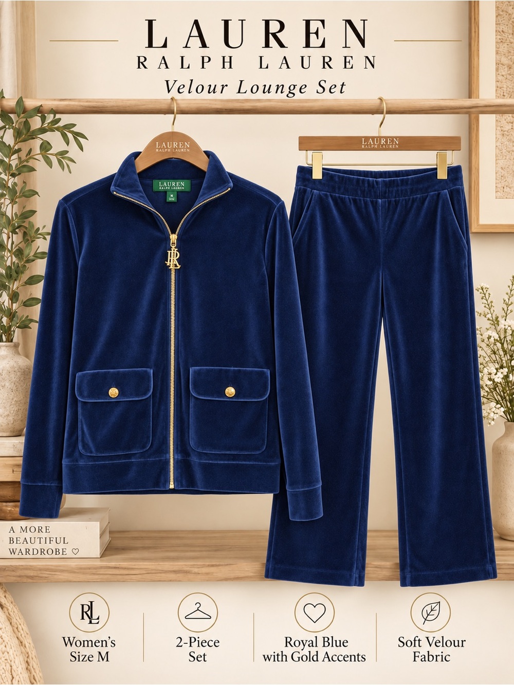 Lauren Ralph Lauren Royal Blue Velour 2 Piece Tracksuit Set Women M